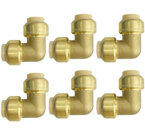 Sutekus Pex Fitting 1/2" Push-to-Connect Plumbing Fittings 90 Degree Elbow Fittings No Lead Brass Plumbing Fitting for Copper, PEX, CPVC Pipe, Pack of 6