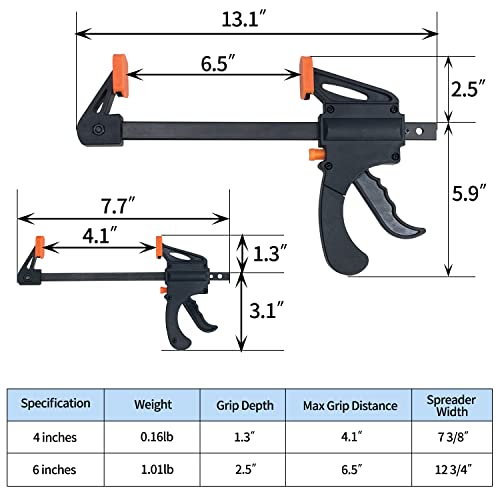 Sutekus Ratchet Bar Clamps Trigger Clamp Set 4-Inch Wood Clamp 6-Inch Clamp Spreader for Woodworking DIY Securing, Set of 4