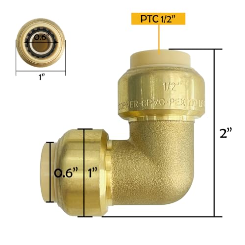 Sutekus Pex Fitting 1/2" Push-to-Connect Plumbing Fittings 90 Degree Elbow Fittings No Lead Brass Plumbing Fitting for Copper, PEX, CPVC Pipe, Pack of 6