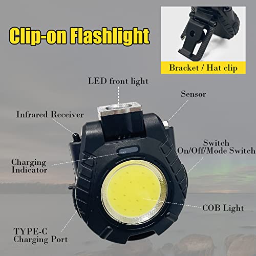 Sutekus Mini COB 500 Lumens Flashlight Auto Sensor LED Light USB Rechargeable 5 Modes Bright Pocket Clip-on Flashlight with Magnet Base Folding Bracket and Bottle Opener for Camping Hiking