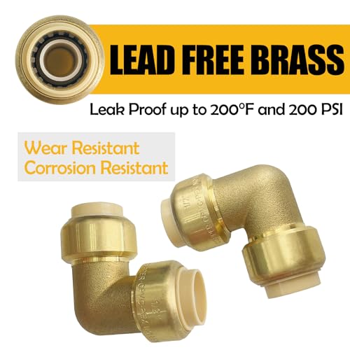 Sutekus Pex Fitting 1/2" Push-to-Connect Plumbing Fittings 90 Degree Elbow Fittings No Lead Brass Plumbing Fitting for Copper, PEX, CPVC Pipe, Pack of 6