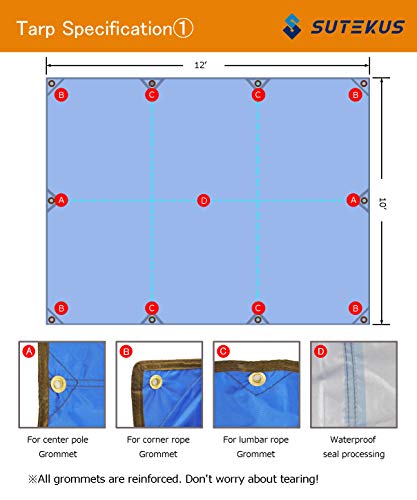 Sutekus Camping Tarp Hammock Rain Fly Waterproof Tent Tarp Lightweight Backpacking 12FT Extra Large Footprints for Camping Boat RV Or Pool Cover