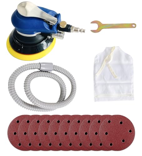 Sutekus 5" Random Orbital Sander Kit Dual Action Palm Sander Pneumatic Sander Polisher with 10 Pcs Sandpapers and Dust Bag for Auto Body Work Woodworking Polishing