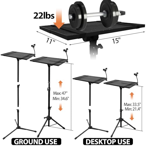 Sutekus Projector Stand Portable Projector Tripod with 180° Tilting Laptop Tripod Stand Adjustable From 22" to 90" with Phone Holder for Home Office Studio