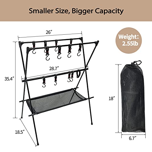 Sutekus Cookware Hanging Rack Collapsible Multifunction Camping Stand Triangle Rack Outdoor Tools Hanging Organizer with Hooks