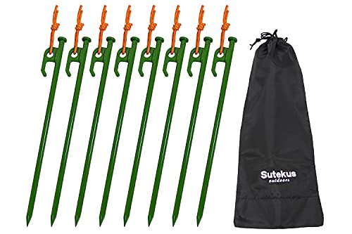 Sutekus Heavy Duty Forged Steel Tent Pegs Metal Tent Stakes with Reflective Pull Cord Solid Tent Anchors and Camping Spikes for Camping Hiking Outdoors, 12"/8PCS