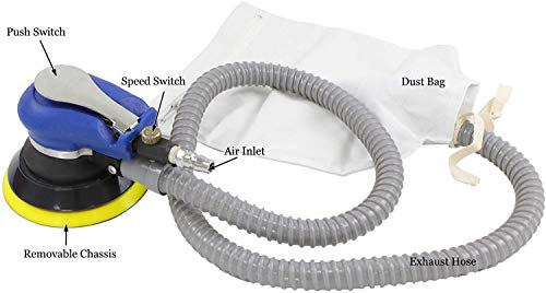 Sutekus 5" Random Orbital Sander Kit Dual Action Palm Sander Pneumatic Sander Polisher with 10 Pcs Sandpapers and Dust Bag for Auto Body Work Woodworking Polishing
