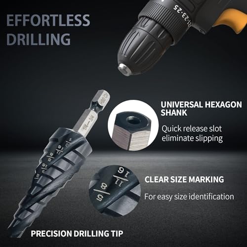 Sutekus Step Drill Bits Four Spiral Flute Cobalt Step Drill Bit Aluminium Titanium Nitride Coated Bit for Metal, Stainless Steel, Aluminum, Wood, Plastic
