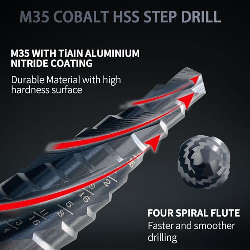Sutekus Step Drill Bits Four Spiral Flute Cobalt Step Drill Bit Aluminium Titanium Nitride Coated Bit for Metal, Stainless Steel, Aluminum, Wood, Plastic