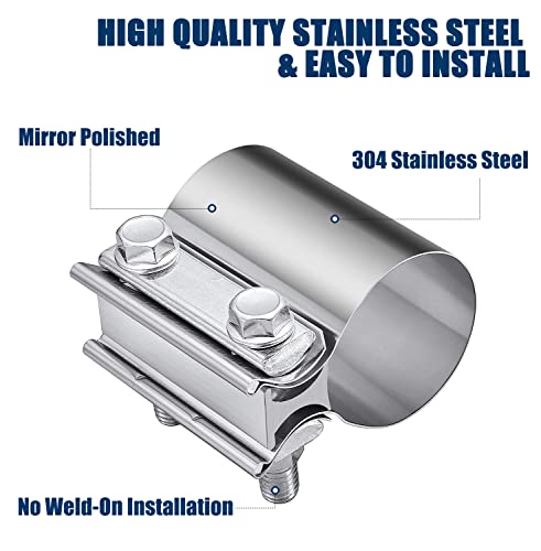 Sutekus Exhaust Clamp Butt Joint Exhaust Band Clamp Stainless Steel Band Coupler Sleeve, 2 PCS