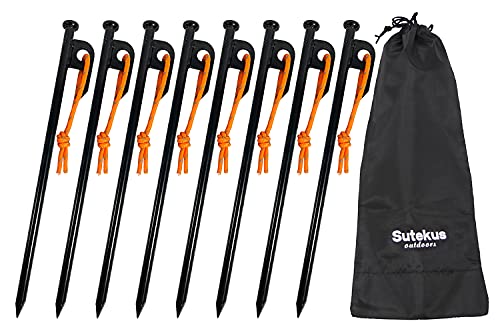 Sutekus Metal Tent Stakes with Reflective Pull Cord Heavy-Duty Forged Steel Tent Pegs Solid Tent Anchors and Camping Spikes for Camping Hiking Outdoors