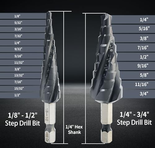 Sutekus Step Drill Bits Four Spiral Flute Cobalt Step Drill Bit Aluminium Titanium Nitride Coated Bit for Metal, Stainless Steel, Aluminum, Wood, Plastic