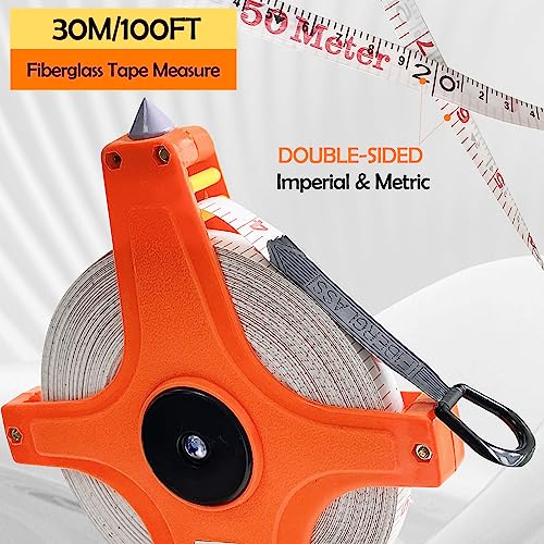 Sutekus Tape Measure 1/2" Open Reel Measure Tape Dual Sided Fiberglass Measuring Reel with Feet and Meters for Yard Field Engineer