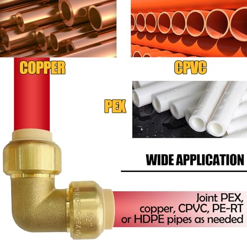 Sutekus Pex Fitting 1/2" Push-to-Connect Plumbing Fittings 90 Degree Elbow Fittings No Lead Brass Plumbing Fitting for Copper, PEX, CPVC Pipe, Pack of 6