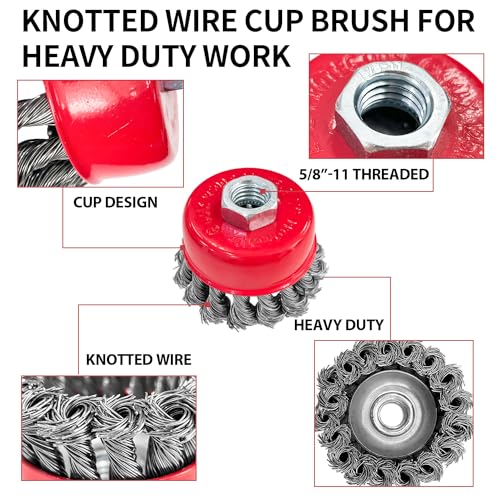 Sutekus Wire Wheel Cup Brush Twist Knotted Wire Brush Coarse Crimped Wire Brush Carbon Steel Wire Wheel with 5/8 Inch-11 Threaded Arbor for Angle Grinders
