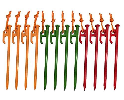 Sutekus Metal Tent Stakes Heavy-Duty Forged Steel Tarp Pegs Vibrant Camping Spikes with Reflective Pull Cord for Camping Hiking Outdoors, 12PCS