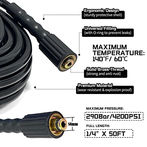 Sutekus Pressure Washer Hose Universal 1/4” Power Washer Hose Replacement Compatible With M22 Fittings 4200PSI, 50FT
