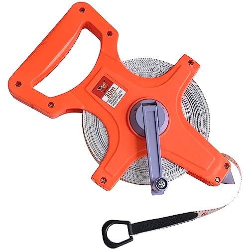 Sutekus Tape Measure 1/2" Open Reel Measure Tape Dual Sided Fiberglass Measuring Reel with Feet and Meters for Yard Field Engineer