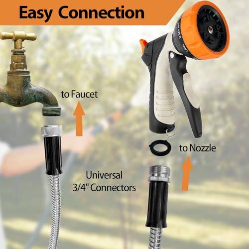 Sutekus Metal Garden Hose 50ft with 9 Function Nozzle Stainless Steel Flexible Water Hose Kink Free & Pet Proof Hose for Yard Outdoor