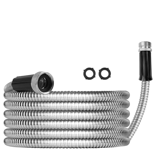 Sutekus Metal Garden Hose 50ft with 9 Function Nozzle Stainless Steel Flexible Water Hose Kink Free & Pet Proof Hose for Yard Outdoor
