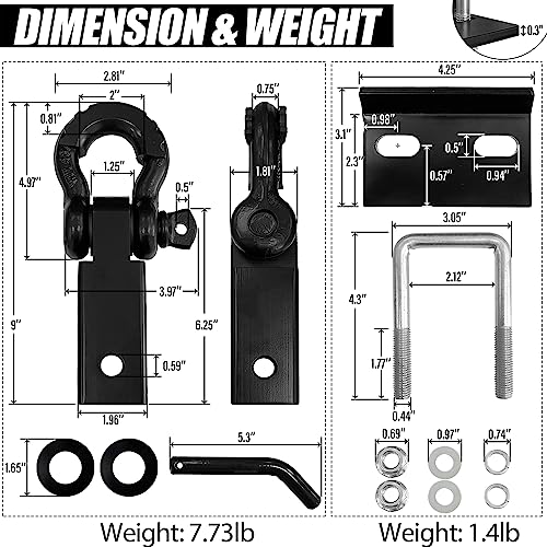 Sutekus Shackle Hitch Receiver for 2" Receivers Heavy Duty Towing Hitch Receivers Towing Accessories for Vehicle Recovery Off-Road, Black
