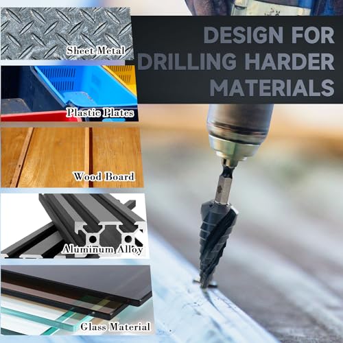 Sutekus Step Drill Bits Four Spiral Flute Cobalt Step Drill Bit Aluminium Titanium Nitride Coated Bit for Metal, Stainless Steel, Aluminum, Wood, Plastic