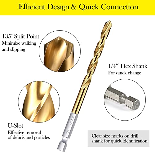 Sutekus 13 PCS Titanium Coated Drill Bit Kit High Speed Steel Drill Bit Set with Hex Shank Quick Change Twist Drilling Bit Kit from 1/16" to 1/4" for Steel, Aluminum, Copper, Soft Alloy Steel
