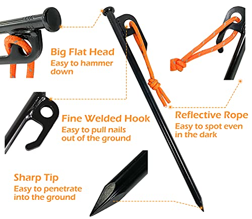 Sutekus Metal Tent Stakes with Reflective Pull Cord Heavy-Duty Forged Steel Tent Pegs Solid Tent Anchors and Camping Spikes for Camping Hiking Outdoors