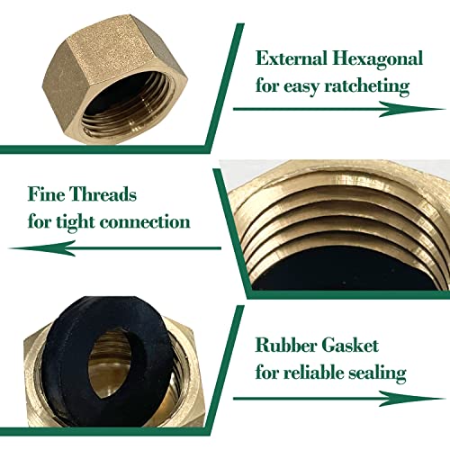 Sutekus Pipe Fitting Cap Female Pipe Brass Fitting Hex Compression Stop Valve Connector with Extra Rubber Gasket,6 Pack