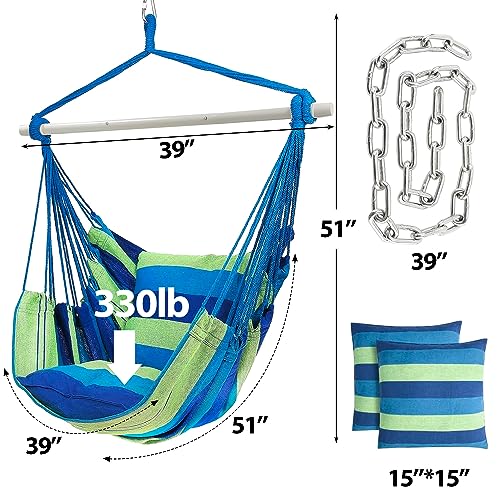 Sutekus Hammock Chair Hanging Rope Swing with 2 Cushions Portable Hammock Swing Chair with Steel Hardware Kit for Outdoor Patio, Bedroom, Porch, Deck
