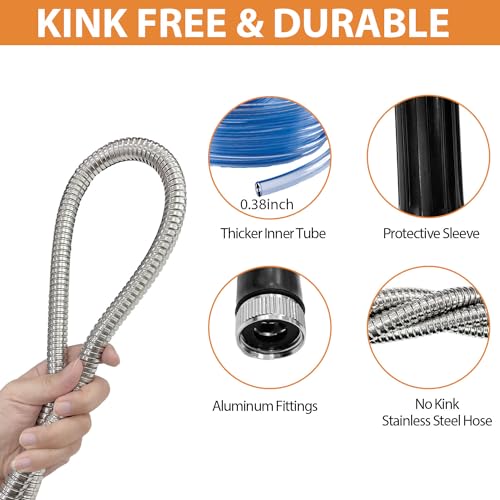 Sutekus Metal Garden Hose 50ft with 9 Function Nozzle Stainless Steel Flexible Water Hose Kink Free & Pet Proof Hose for Yard Outdoor