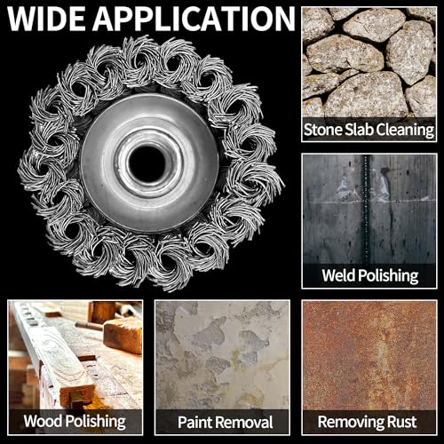 Sutekus Wire Wheel Cup Brush Twist Knotted Wire Brush Coarse Crimped Wire Brush Carbon Steel Wire Wheel with 5/8 Inch-11 Threaded Arbor for Angle Grinders