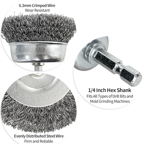 Sutekus Cup Brush, Wheel Brush, Pen Brush Set with 1/4-Inch Hex Shank, Carbon Steel Wire Wheel Brush Wire Brush Drill Attachments for Rust Removal, Corrosion and Scrub Surfaces