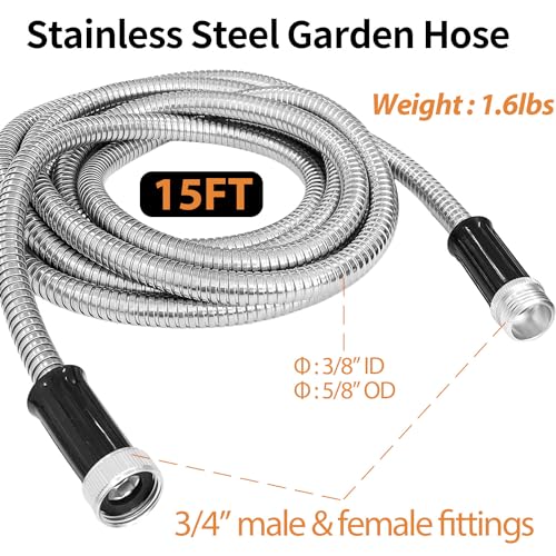 Sutekus Metal Garden Hose 50ft with 9 Function Nozzle Stainless Steel Flexible Water Hose Kink Free & Pet Proof Hose for Yard Outdoor