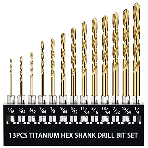 Sutekus 13 PCS Titanium Coated Drill Bit Kit High Speed Steel Drill Bit Set with Hex Shank Quick Change Twist Drilling Bit Kit from 1/16" to 1/4" for Steel, Aluminum, Copper, Soft Alloy Steel