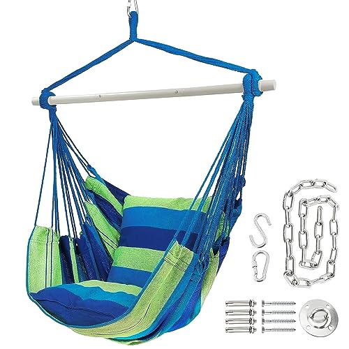 Sutekus Hammock Chair Hanging Rope Swing with 2 Cushions Portable Hammock Swing Chair with Steel Hardware Kit for Outdoor Patio, Bedroom, Porch, Deck
