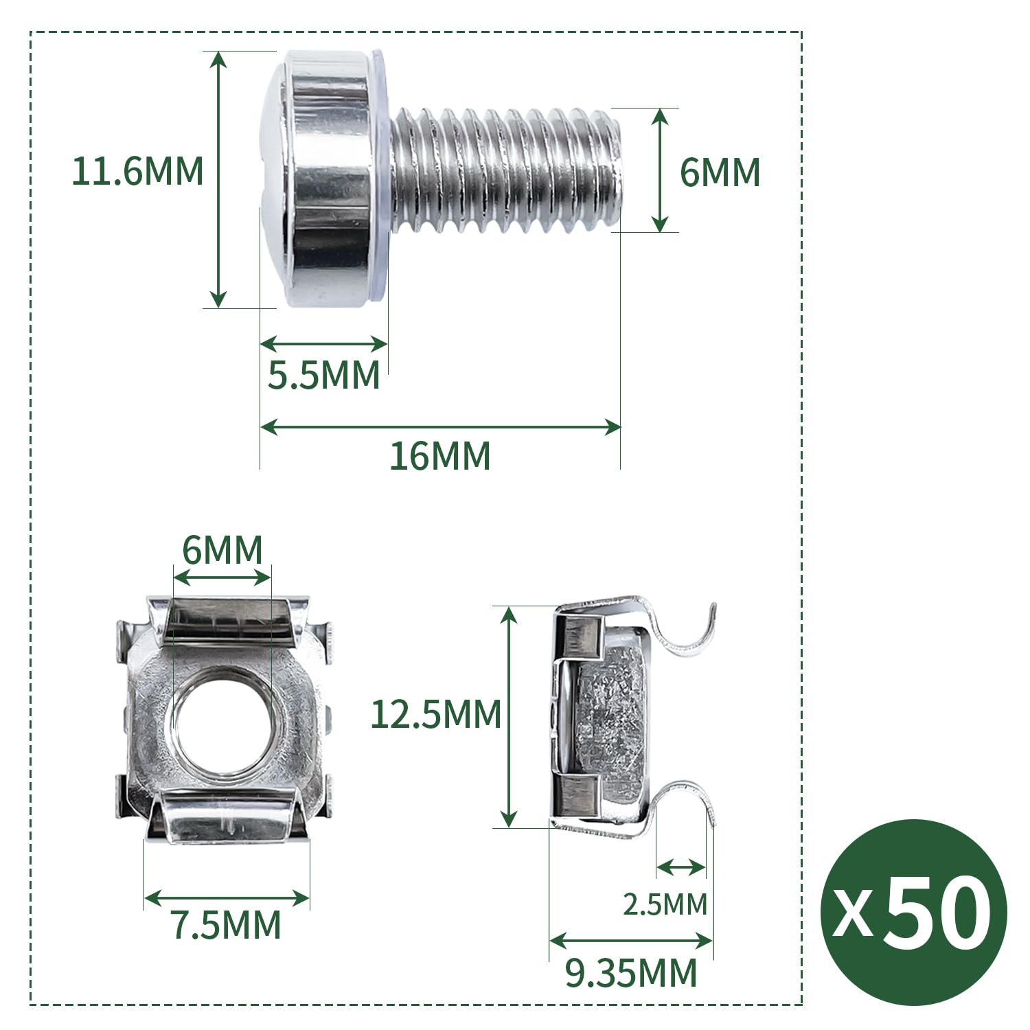 Sutekus 50 Pack M6 x 16 mm Rack Mount Cage Nuts Screws and Washers for Cabinet, Patch Panel, Server Shelves Fixing & Installation and Panel Rack Mounting, Nickle