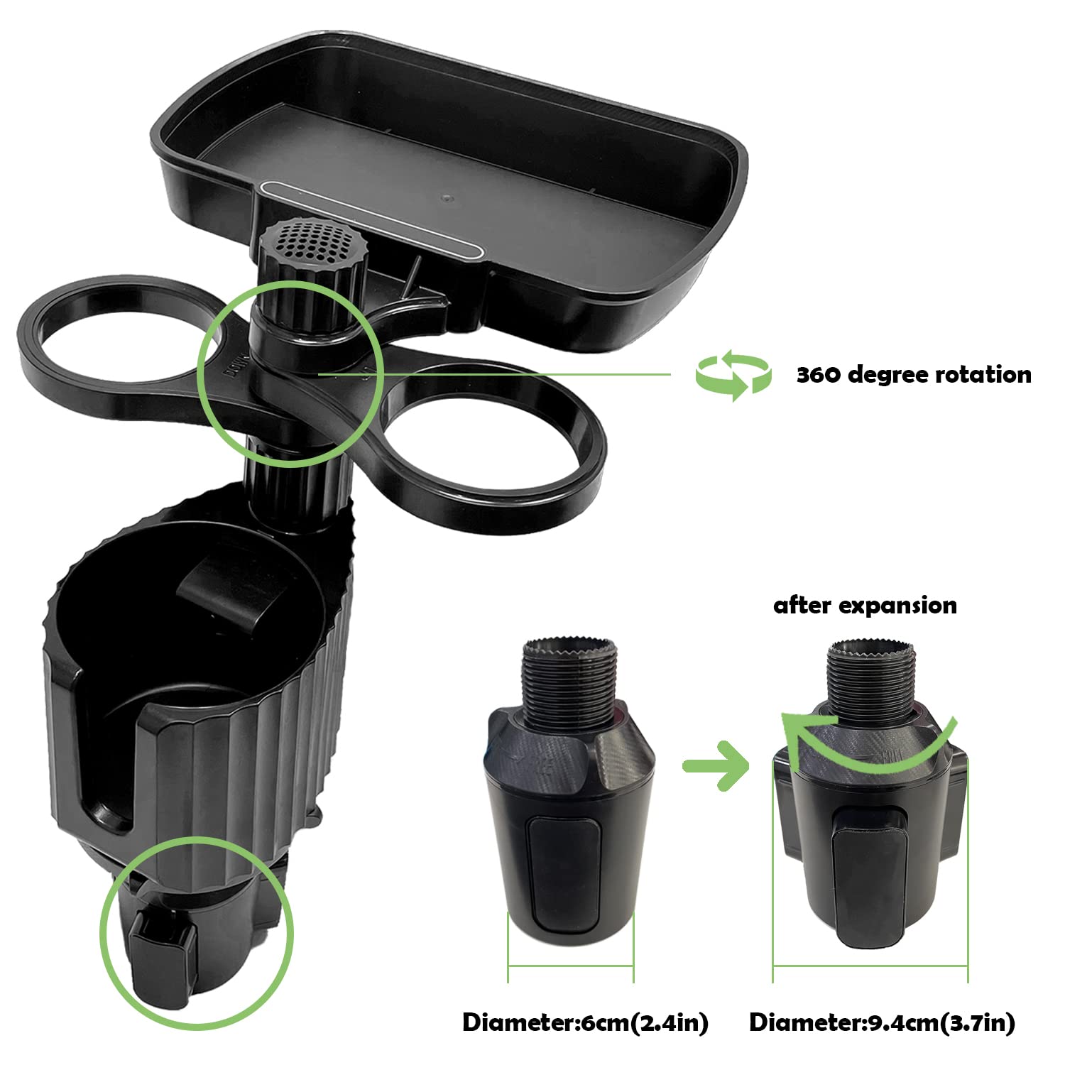 Sutekus 4 in 1 Car Cup Holder Tray Adjustable Automotive Cup Holder Extender with Phone Slot, 3 Car Drink Holder, Car Food Tray Table - Fits Yeti and Hydro Flasks
