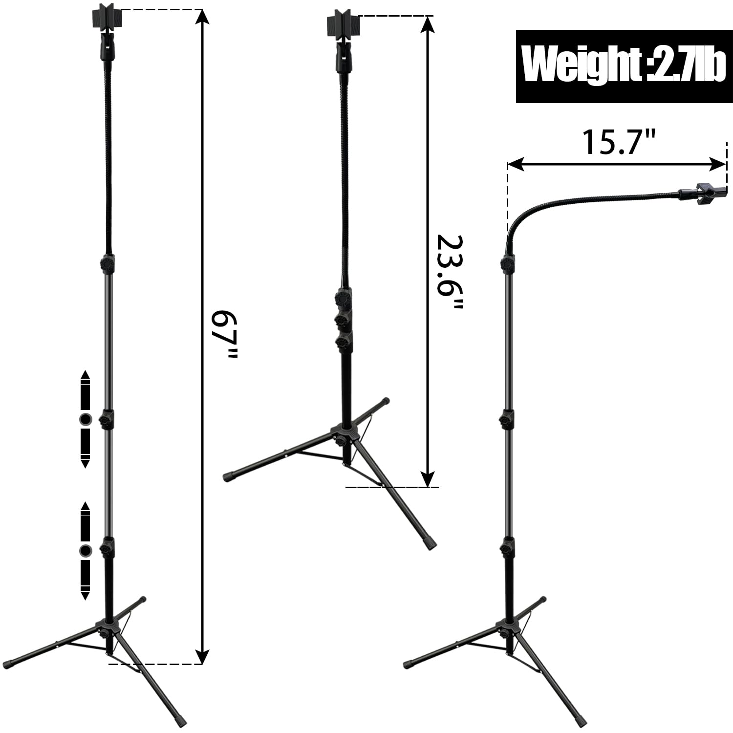 Sutekus Microphone Stand Boom Mic Stand Tripod Gooseneck mic arm stand 3'- 5.5' Height Adjustable with Mic Clips and 3/8" - 5/8" Adapters