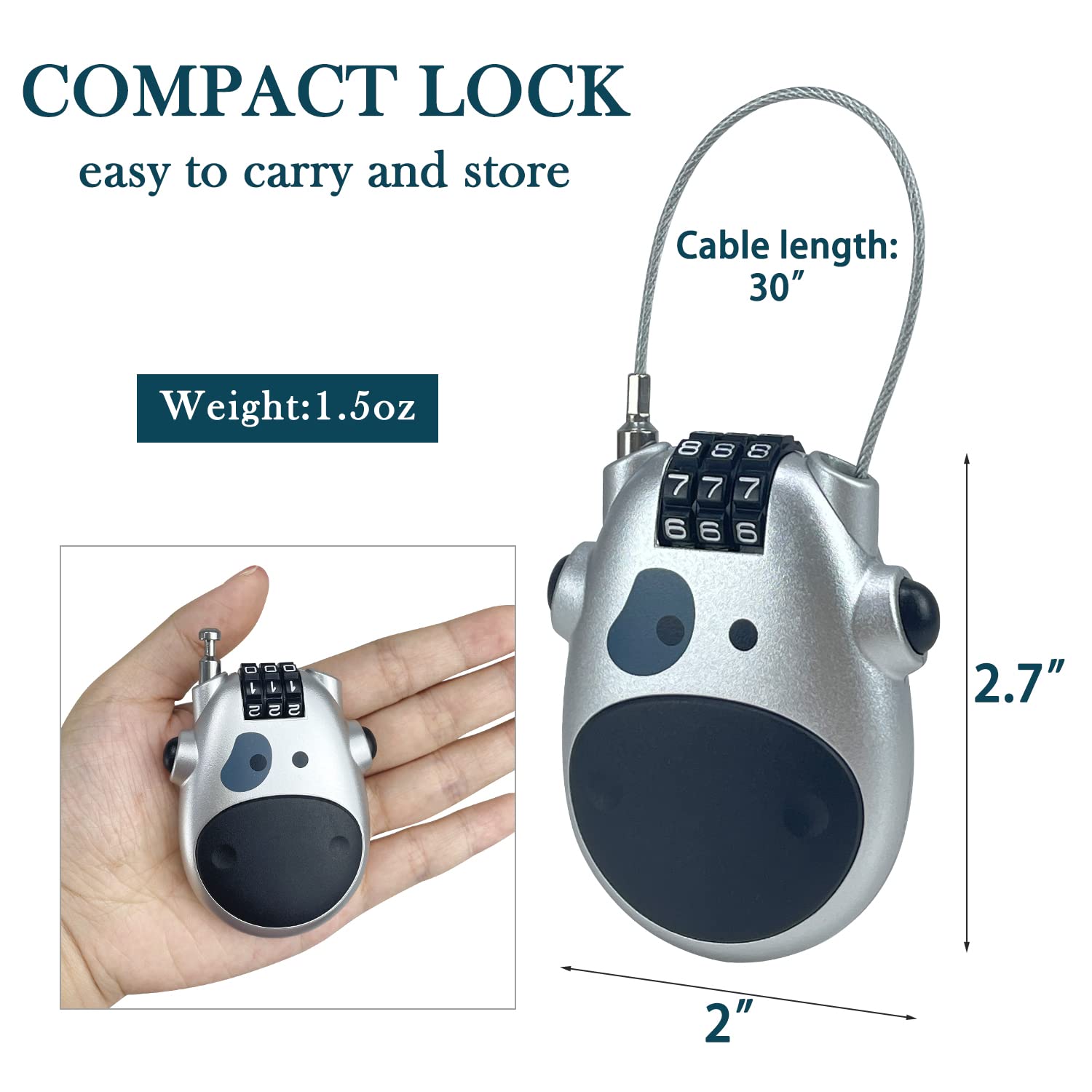 Sutekus Combination Lock with 30" Retractable Cable 3 Digit Combination Padlock Luggage Lock for Helmet Lock Stroller Bicycle School