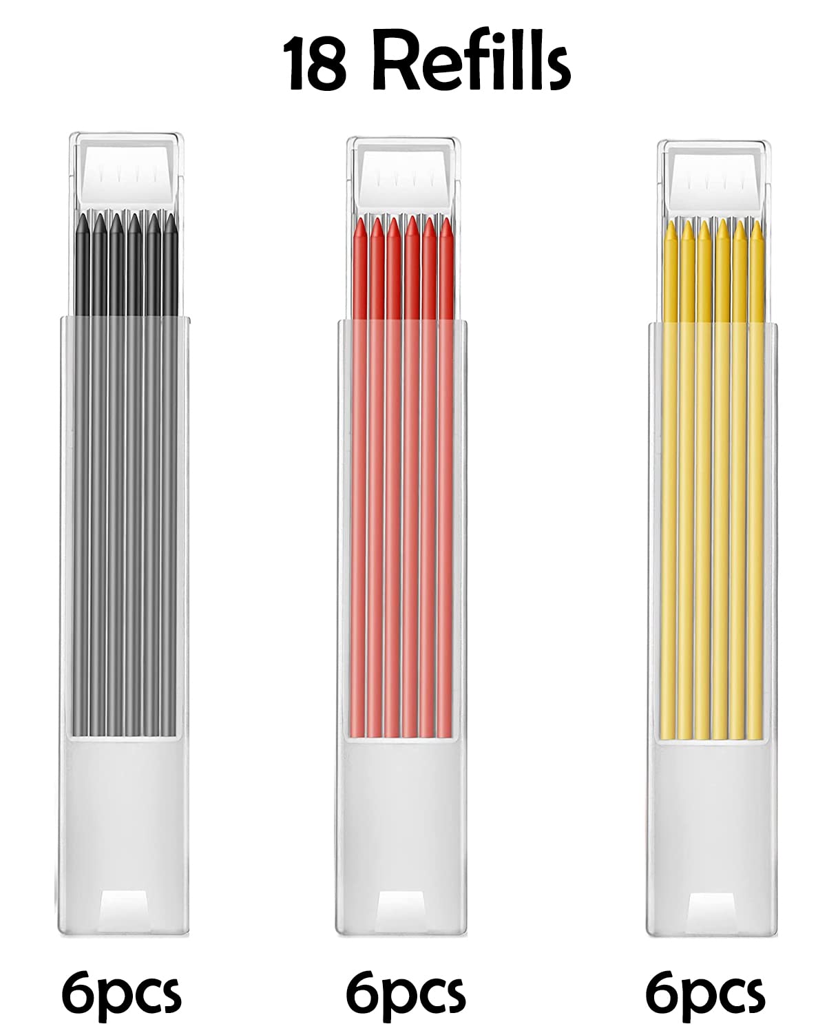 Sutekus Carpenter Pencil Set 3 Pieces Deep Hole Pencil with Built in Sharpener and 18 Pcs Refills Scriber Marking Tools for Woodworking Construction Drafting Architect - Red, Black, Yellow
