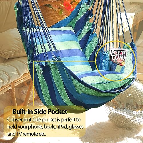 Sutekus Hammock Chair Hanging Rope Swing with 2 Cushions Portable Hammock Swing Chair with Steel Hardware Kit for Outdoor Patio, Bedroom, Porch, Deck