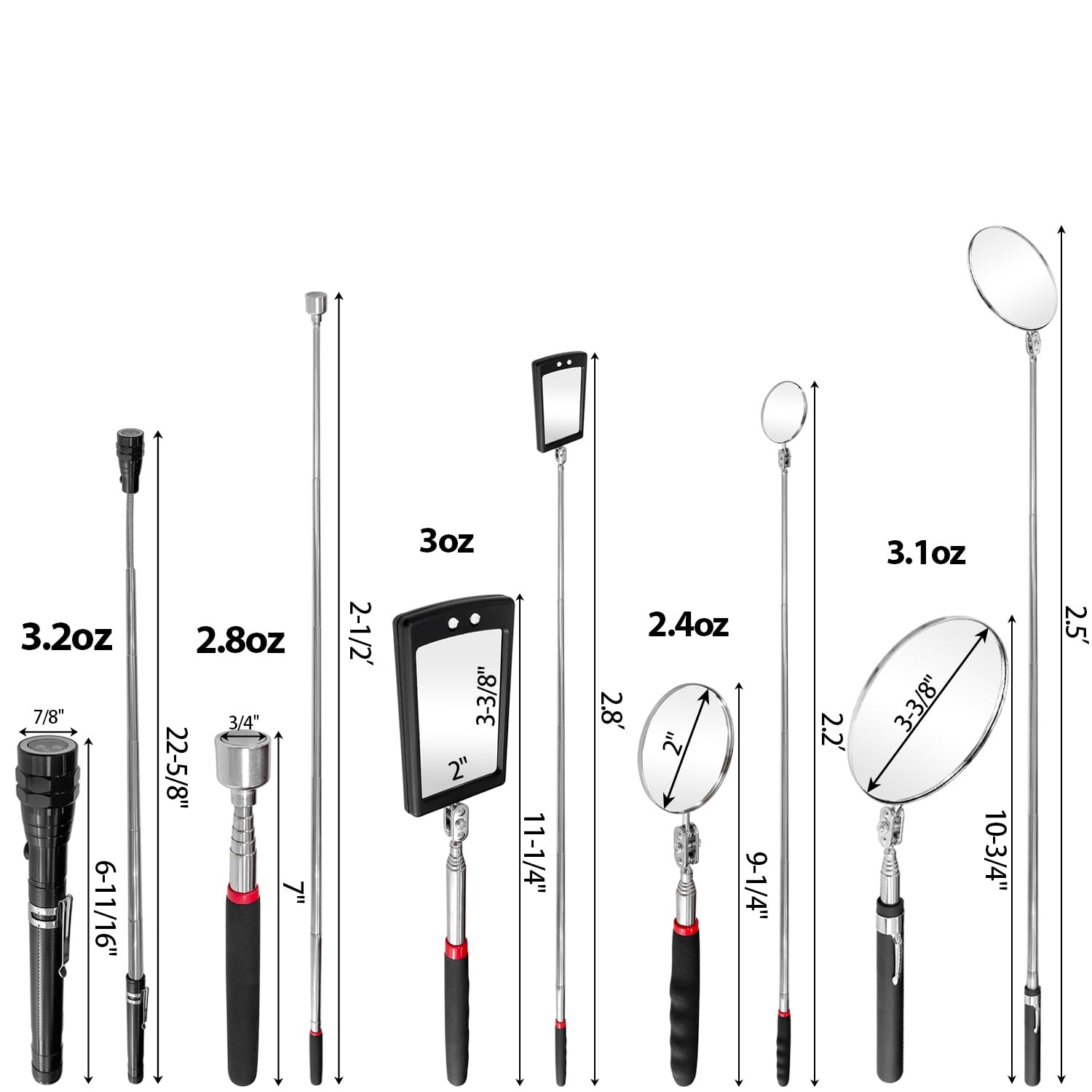 Sutekus Magnetic Tool & Telescoping Inspection Mirror Set Including 5pcs Swivel Head Telescoping Inspection Mirrors, Telescoping Magnetic Pickup Tool and Swivel Magnet LED Flashlight, 8Pack