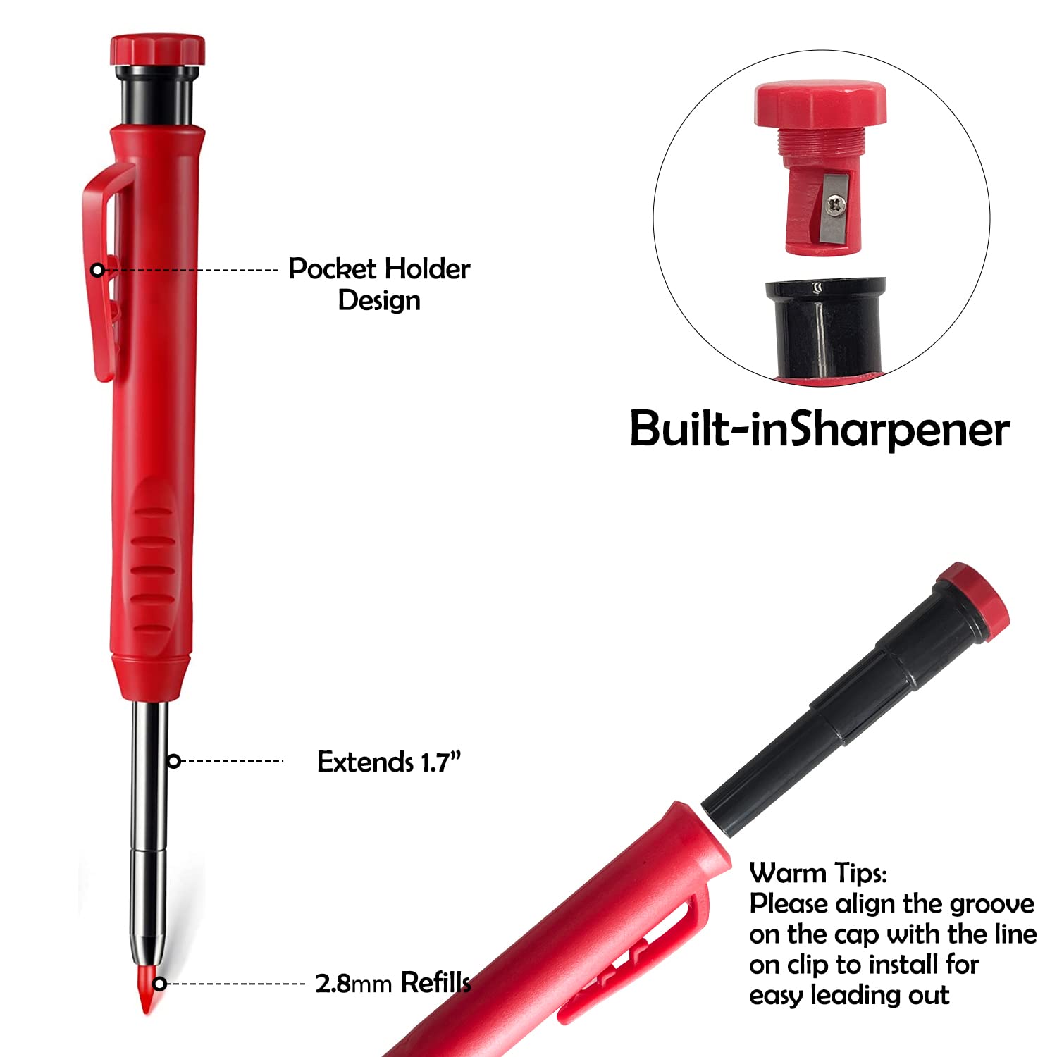 Sutekus Carpenter Pencil Set 3 Pieces Deep Hole Pencil with Built in Sharpener and 18 Pcs Refills Scriber Marking Tools for Woodworking Construction Drafting Architect - Red, Black, Yellow