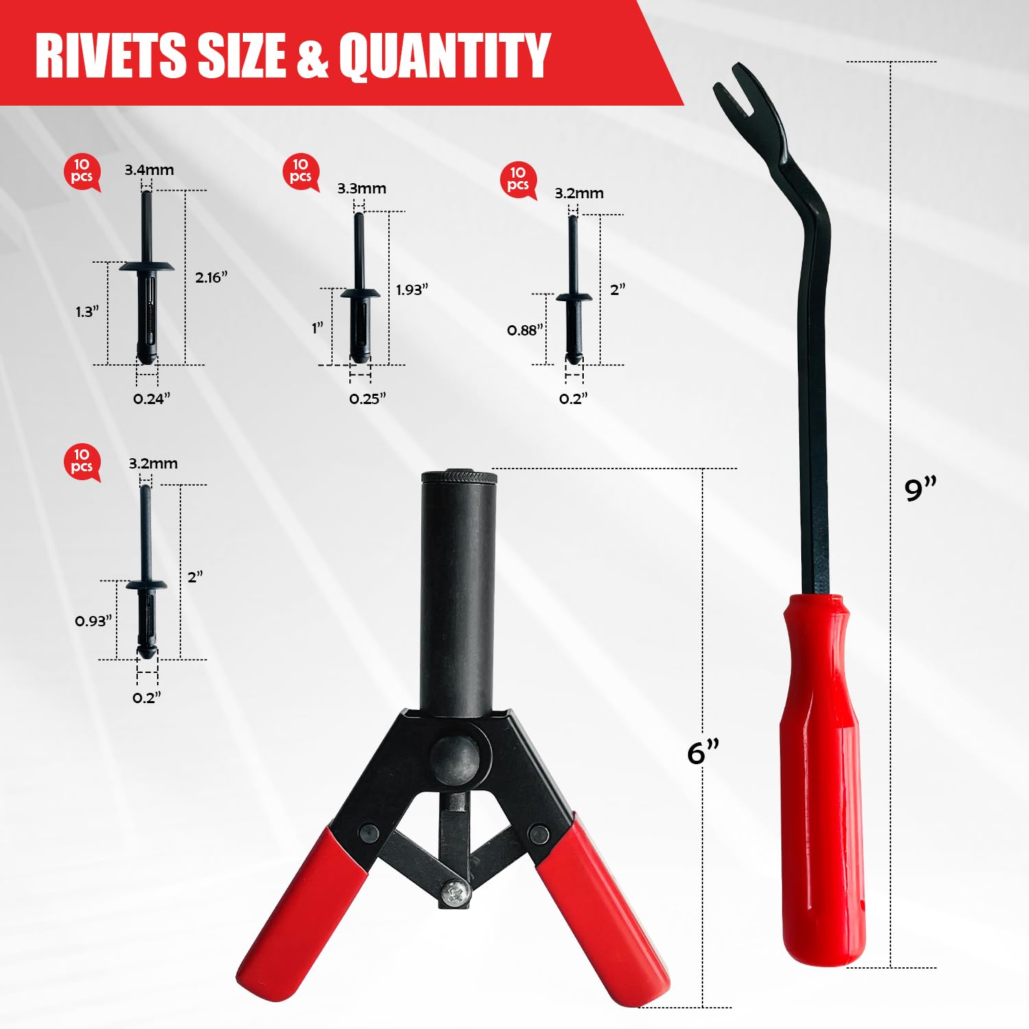 Sutekus Plastic Rivet Gun Set - Includes 40Pcs Poly Rivets Assortment, 1Pcs Rivet Removal Tool and 1Pcs Fastener Remover for Removing Car Door Panel and Upholstery Clips