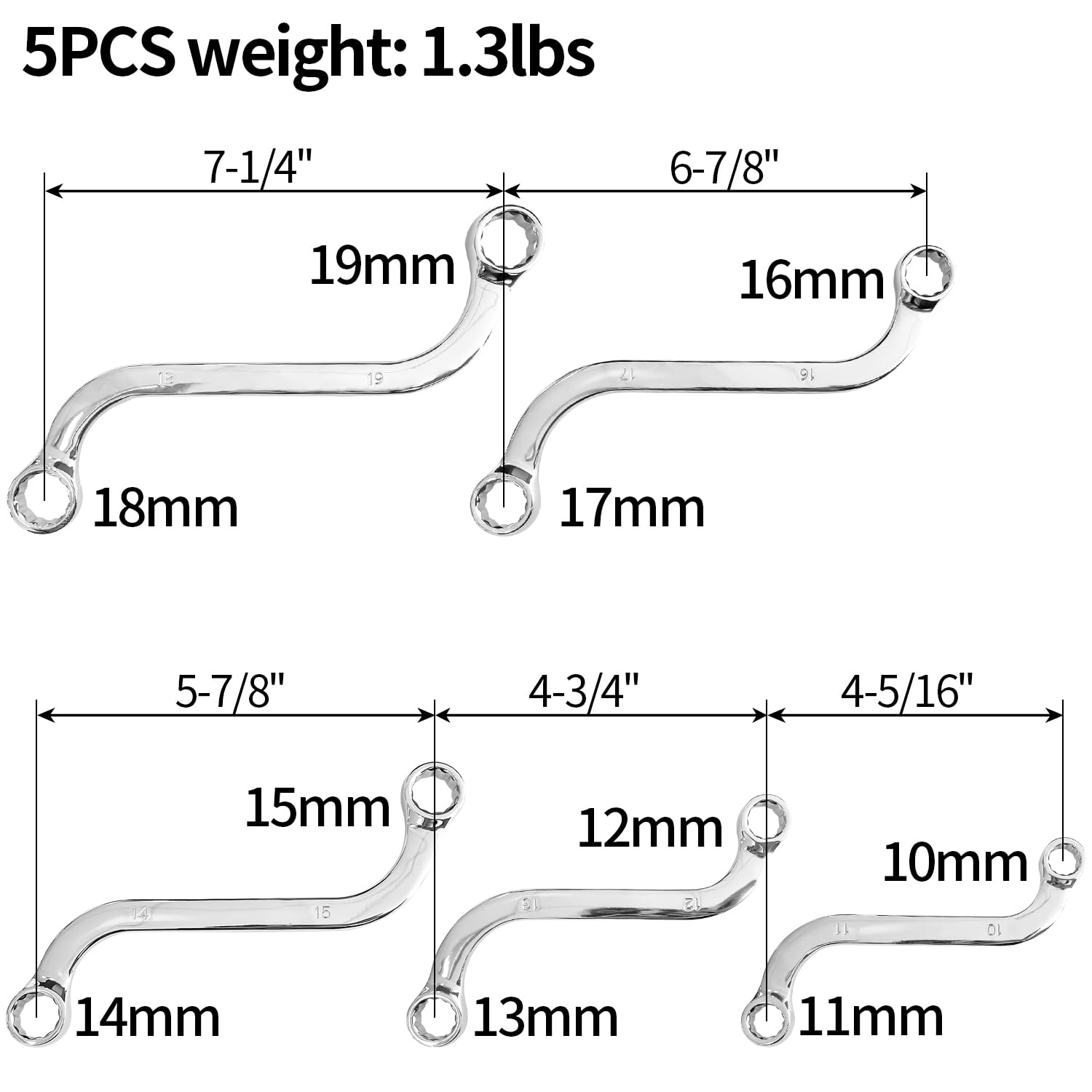 Sutekus S-Style Box Wrench Set Metric S-Style Wrench with Double 12-Point Box Ends,10mm to 19mm S-Shaped Wrench for Vehicle Maintenance Machinery, 5Pcs
