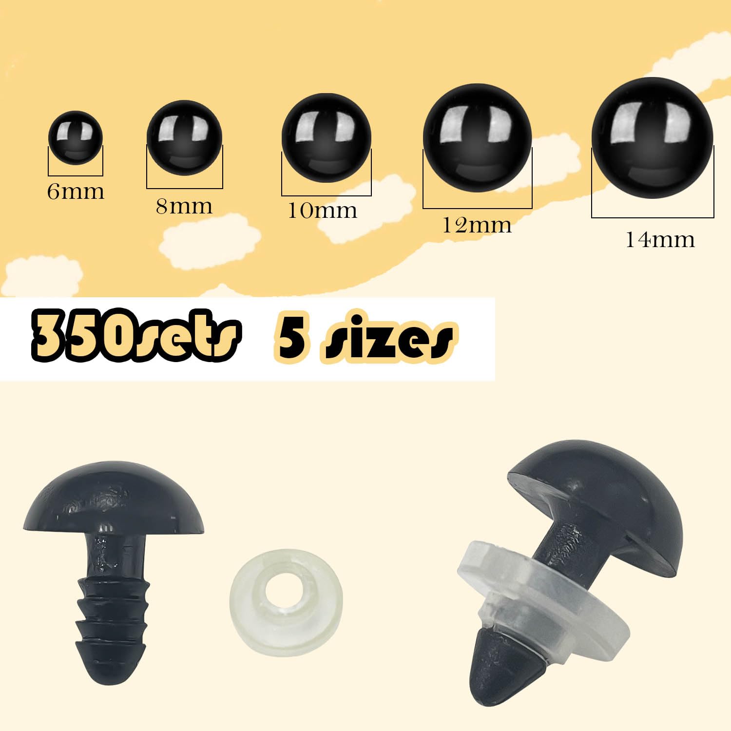 Sutekus 700 Pcs Safety Eyes for Amigurumi with Washers 6-14mm Plastic Crochet Black Safety Eyes for Crochet Stuffed Animals DIY Crafts