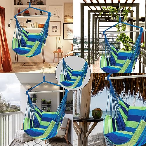 Sutekus Hammock Chair Hanging Rope Swing with 2 Cushions Portable Hammock Swing Chair with Steel Hardware Kit for Outdoor Patio, Bedroom, Porch, Deck