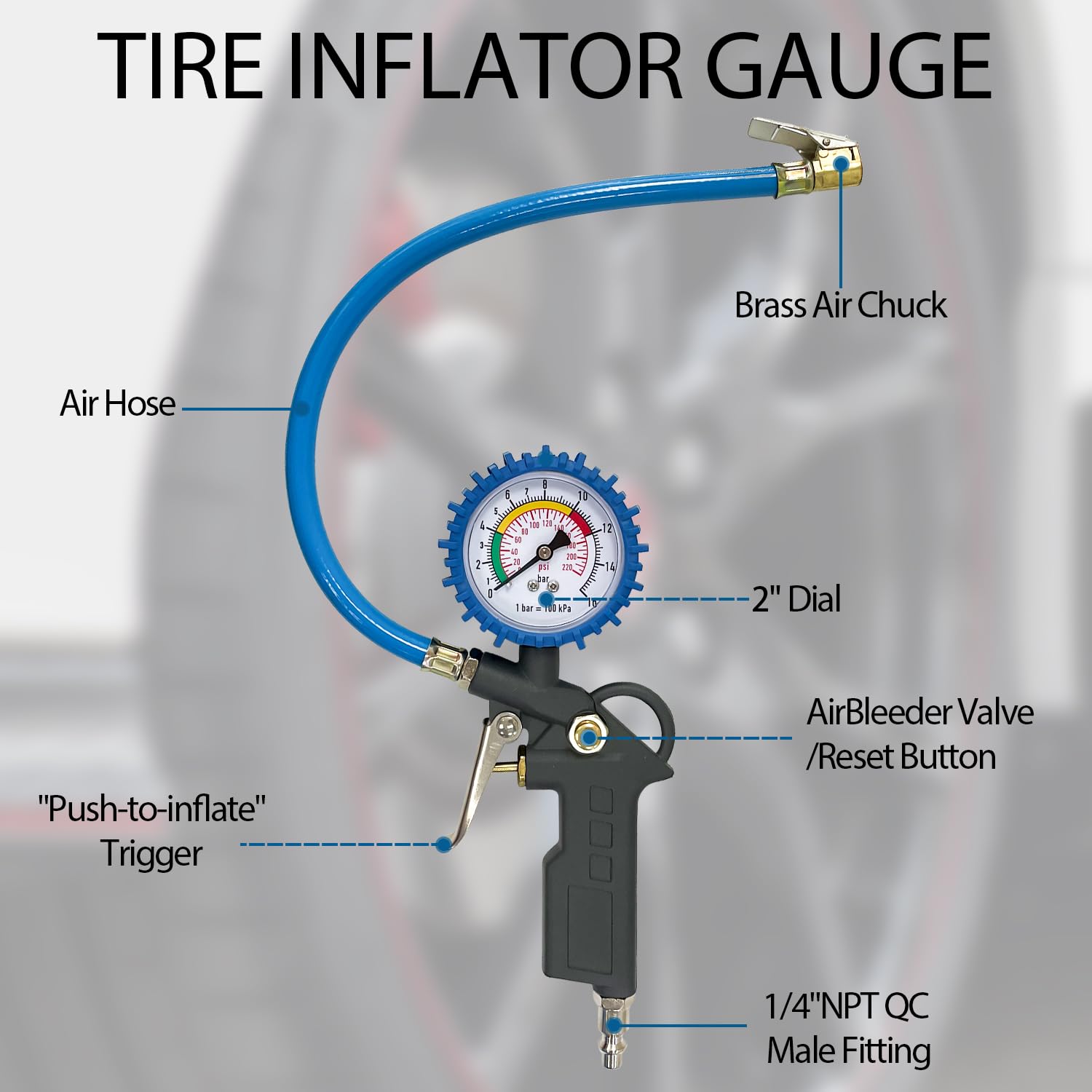 Sutekus 1/4" x 25ft Polyurethane Recoil Air Hose and Tire Inflator Gauge Set, Air Hose with 1/4" Quick Coupler and Plug, Tire inflator with Pressure Gauge