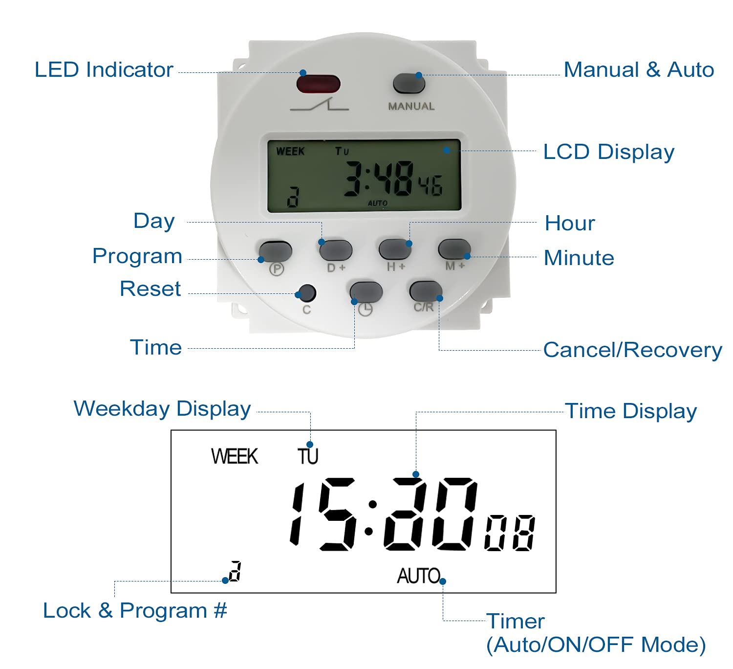 Sutekus 7 Day Digital Timer Switch DC 12V 16A Programmable Time Switch Relay